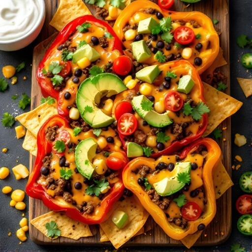 "overhead shot of colorful bell pepper nachos with ground beef, melted cheese, black beans, and corn on a rustic wooden board, garnished with avocado, cherry tomatoes, cilantro leaves, sour cream, and jalapeño slices. "