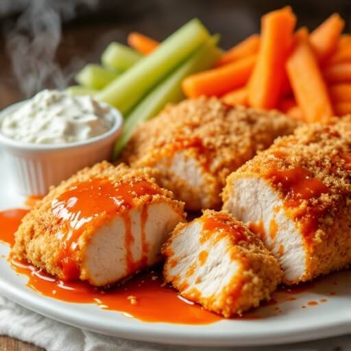 Crispy Buffalo Chicken Breast (3 Ways) 2 "crispy breaded chicken cutlet with buffalo sauce, served with celery, carrots, and blue cheese dressing on a white plate"