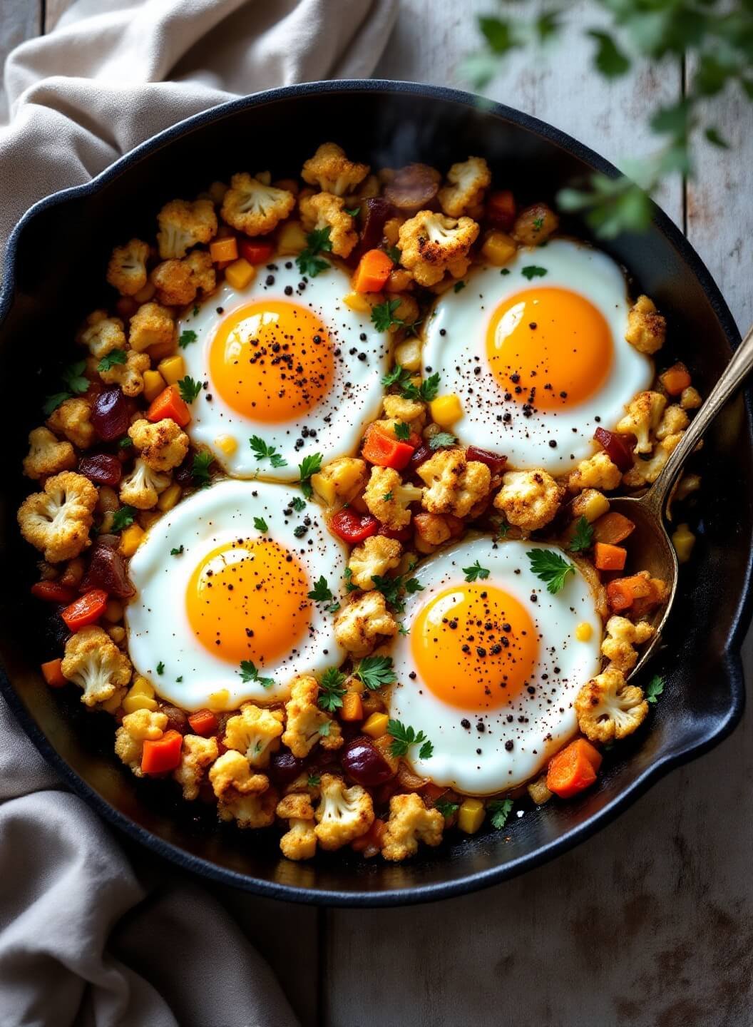 "overhead view of rustic cast-iron skillet with cauliflower breakfast hash and perfectly cooked eggs garnished with fresh herbs, on a distressed wooden surface"