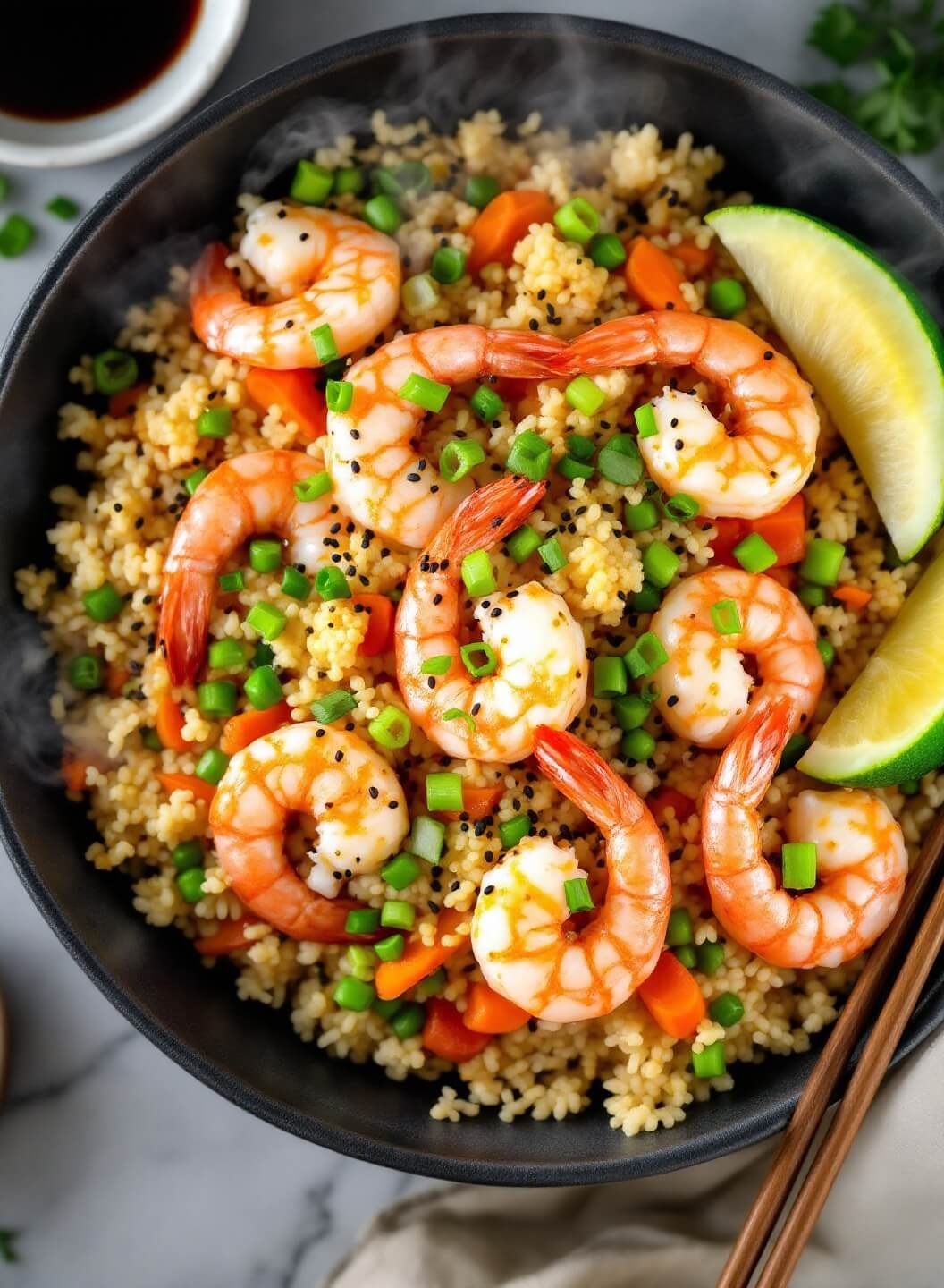 "overhead view of a cauliflower fried rice bowl with shrimp, served in a black ceramic bowl, garnished with green onions, sesame seeds and micro greens, accompanied by soy sauce and chopsticks"