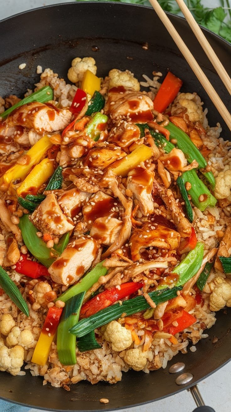 12 Delicious Low Carb Dinner Ideas 6 A vibrant bowl of cauliflower rice stir-fry with colorful vegetables and chicken.