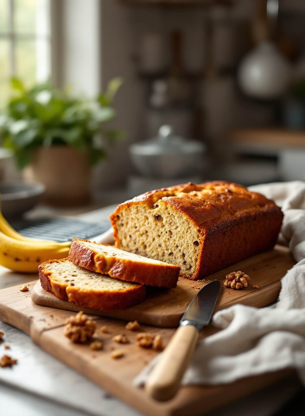 Classic Banana Bread Recipe (That Never Fails!) 2 "freshly baked banana bread loaf with visible banana pieces on a rustic board, surrounded by ingredients like overripe bananas, eggs, butter, cinnamon, and walnuts, illuminated by natural window light. "