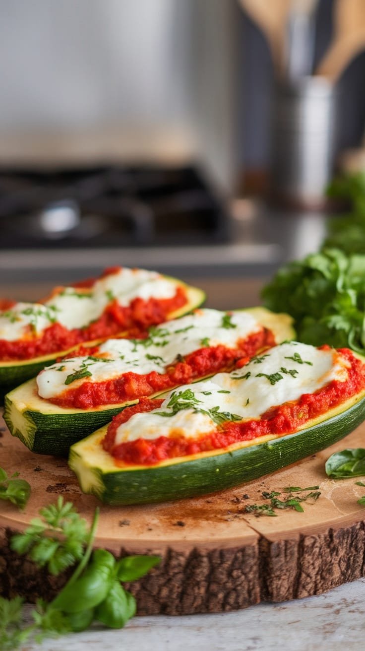 12 Delicious Low Carb Dinner Ideas 10 Zucchini boats filled with tomato sauce and cheese on a wooden board