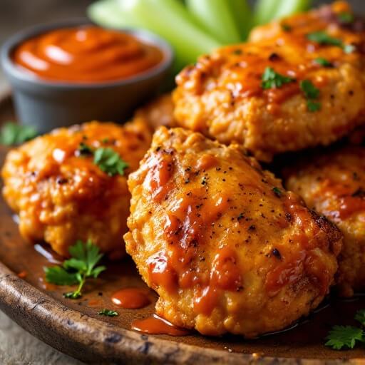 "close-up of crispy buffalo chicken thighs on a rustic platter, garnished with celery and parsley, with extra sauce on the side"