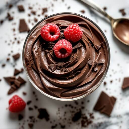 High-Protein Chocolate Mousse (Ready In 15 Minutes!) 2 "overhead close-up of dark chocolate mousse with raspberries and chocolate shavings in a glass bowl, with a silver spoon on a white marble surface"