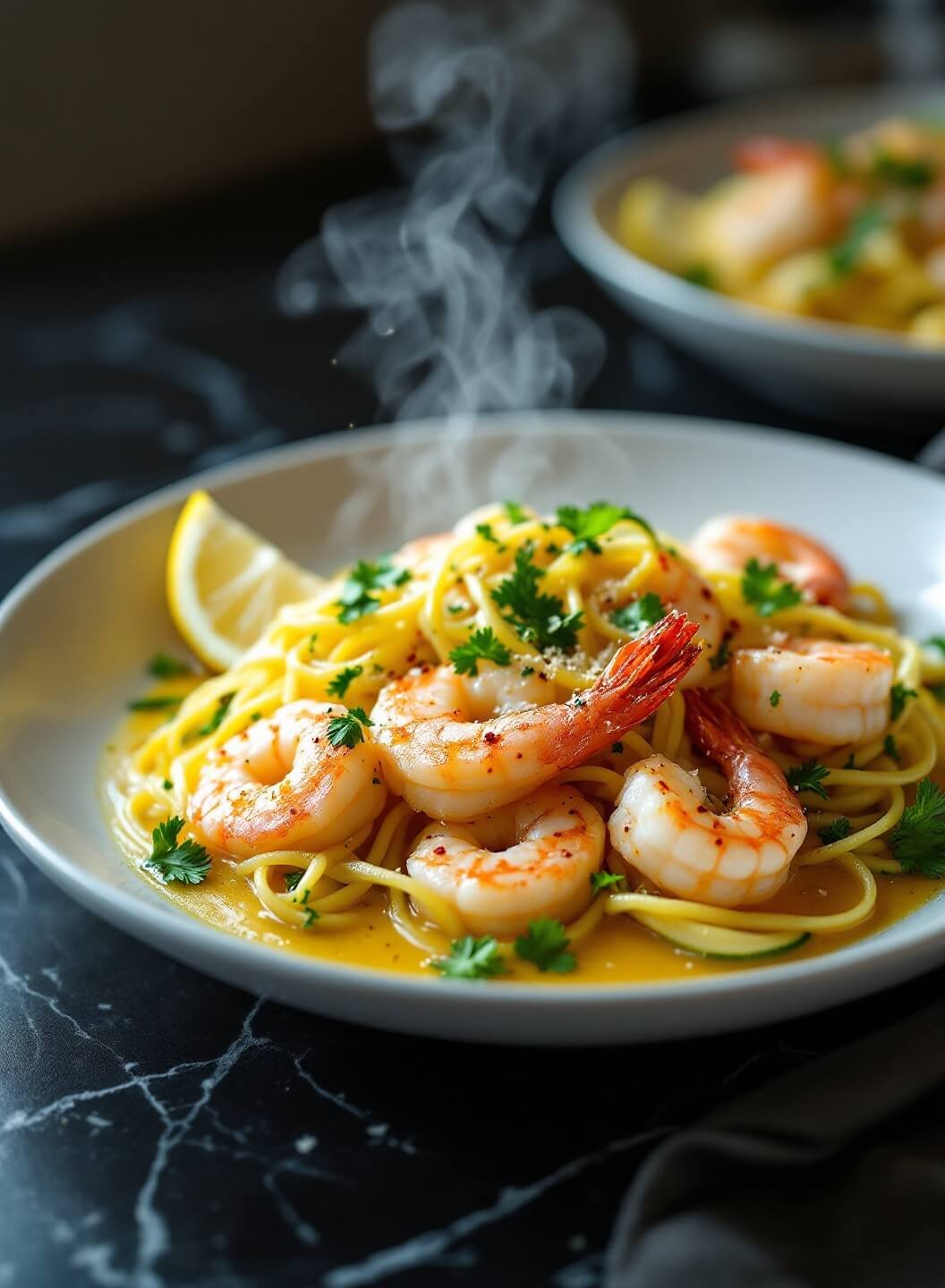 "garlic butter shrimp scampi with zoodles on a white plate, garnished with parsley, parmesan, and a lemon wedge"