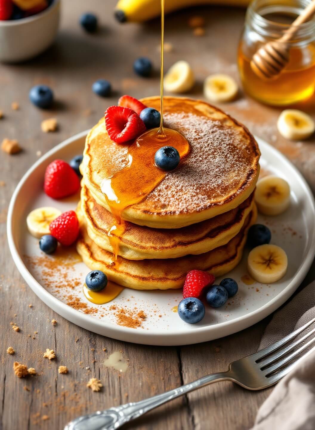 Ww Banana Pancakes (Healthy, Quick &Amp; Flourless Option) 2 "overhead shot of homemade banana pancakes with fresh berries, a drizzle of honey and a sprinkle of cinnamon on a rustic wooden table"