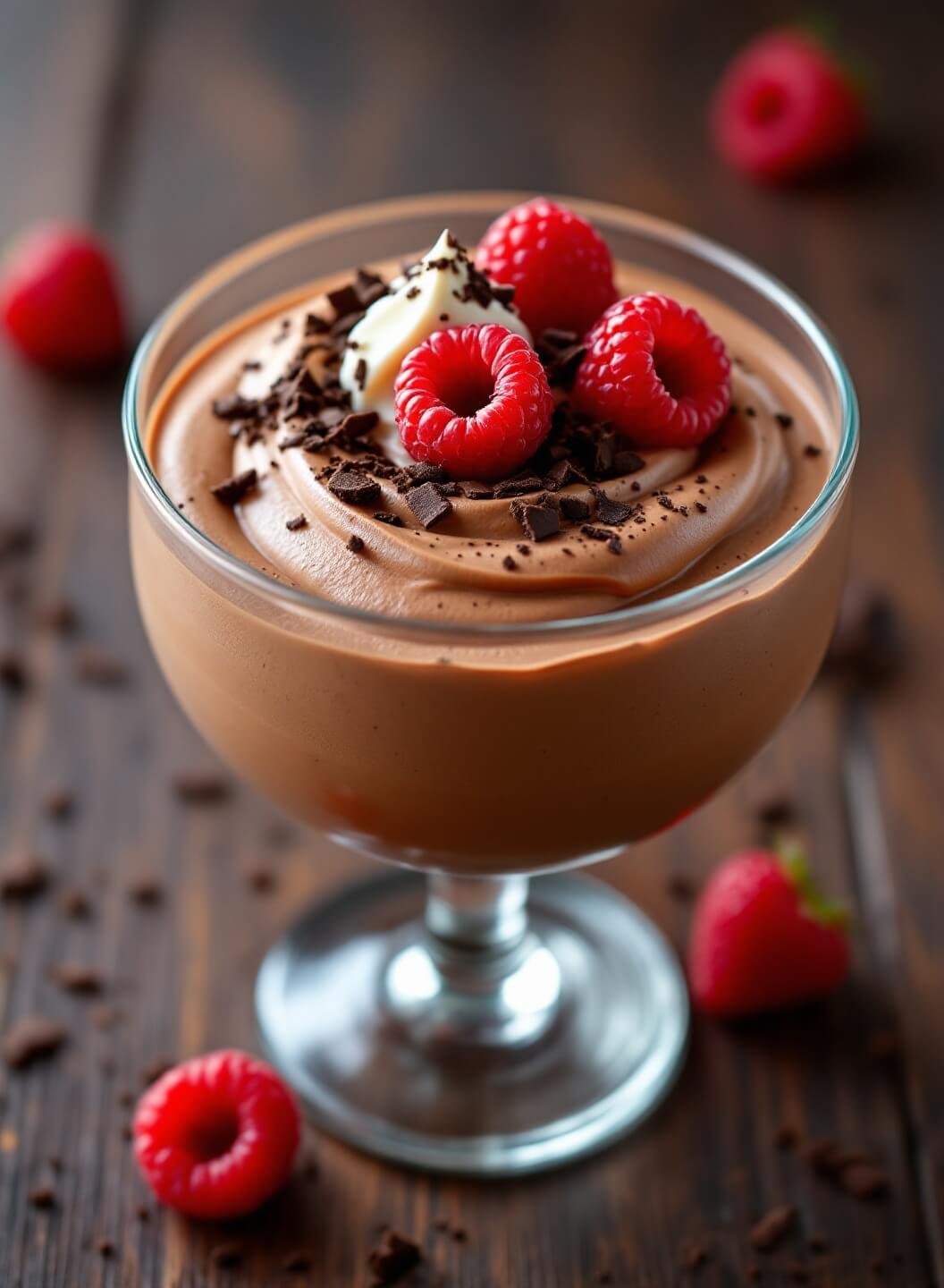"high-protein chocolate mousse in elegant glass with whipped cream, raspberries, and chocolate shavings on a walnut wood surface"