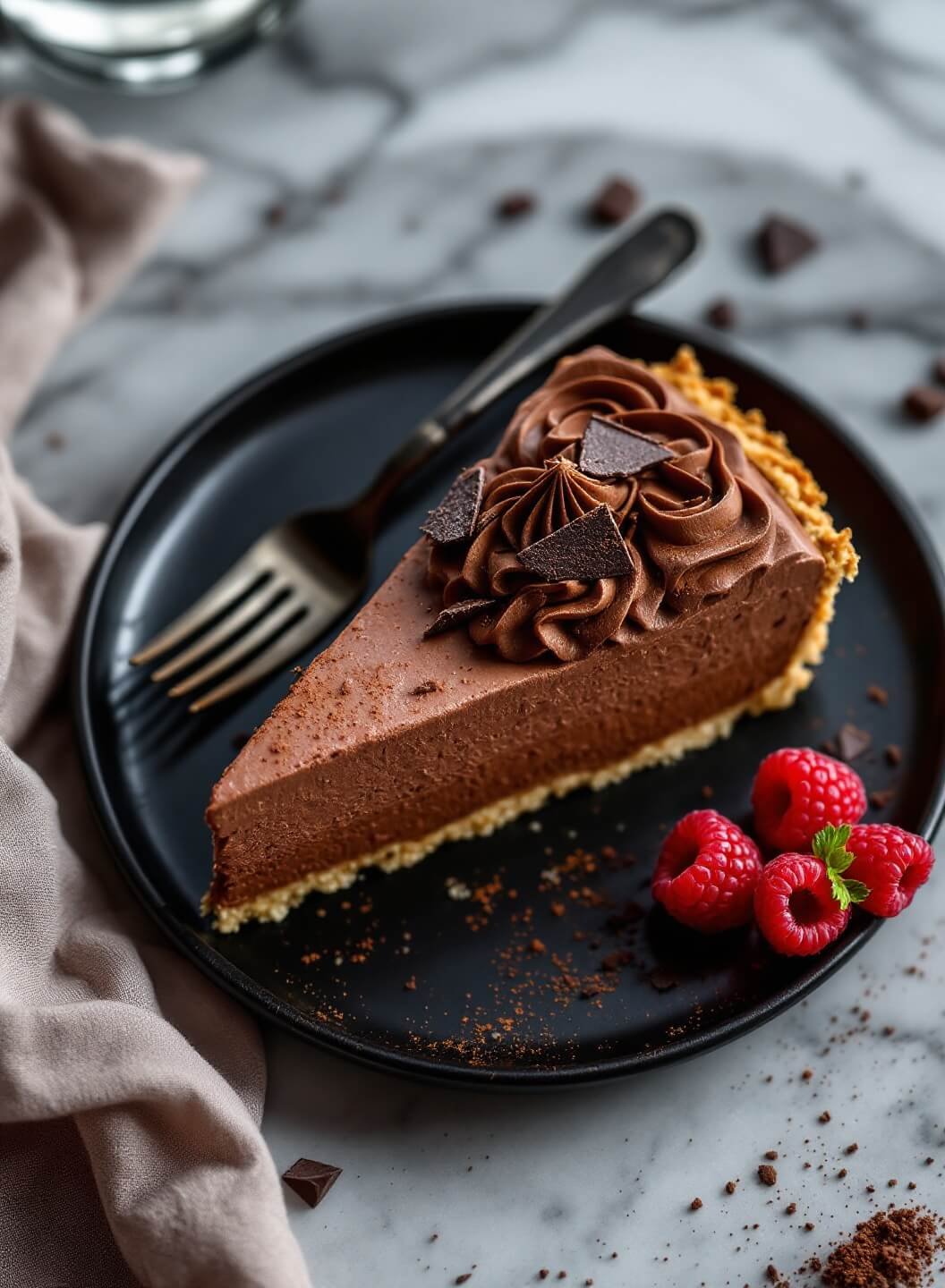"overhead shot of a slice of high-protein chocolate mousse pie with almond crust on a black plate, garnished with raspberries and chocolate shavings"