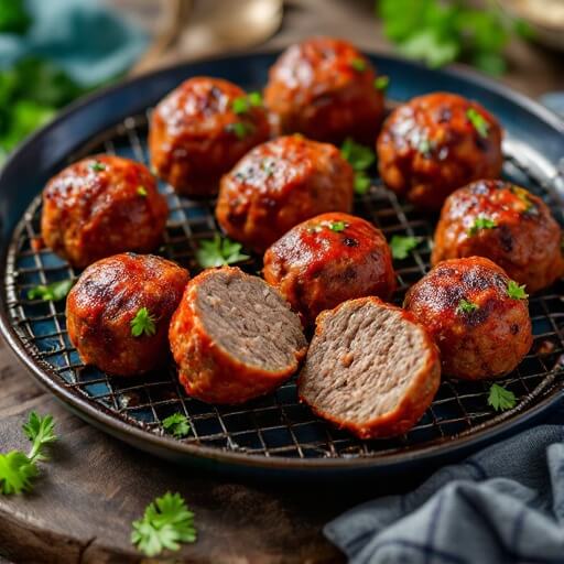 Bison Meatballs: Lean &Amp; Flavorful Italian-Style 2 "high-resolution image of italian-style bison meatballs garnished with fresh parsley on a dark blue ceramic platter, one cut in half, under soft natural lighting"