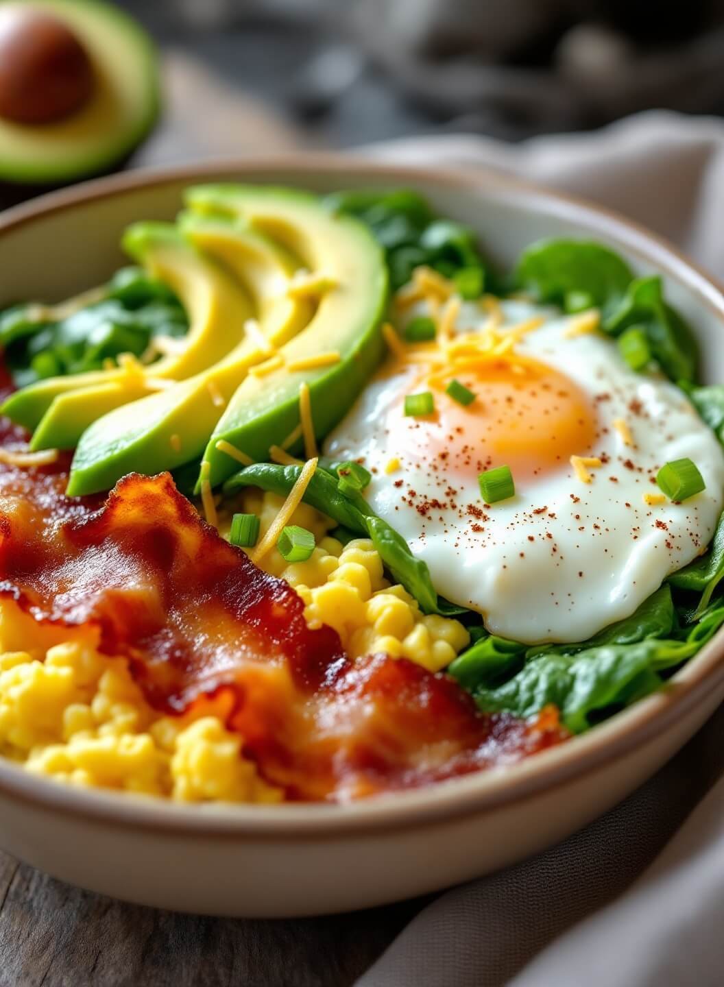 Savory Keto Breakfast Bowl 2 "keto breakfast bowl with scrambled eggs, crispy bacon, wilted spinach, and sliced avocado garnished with shredded cheddar cheese, scallions, and red pepper flakes"