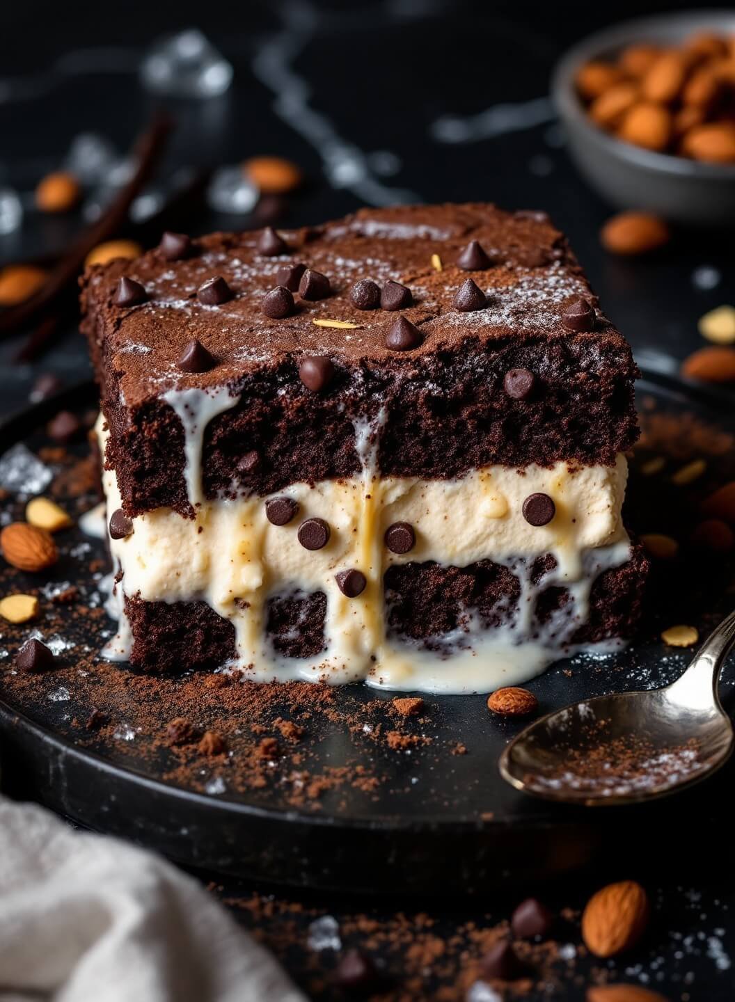 "overhead shot of keto ice cream sandwich with fudgy chocolate brownie layers, thick vanilla ice cream center, garnished with cocoa powder and sugar-free chocolate chips on a dark marble surface"