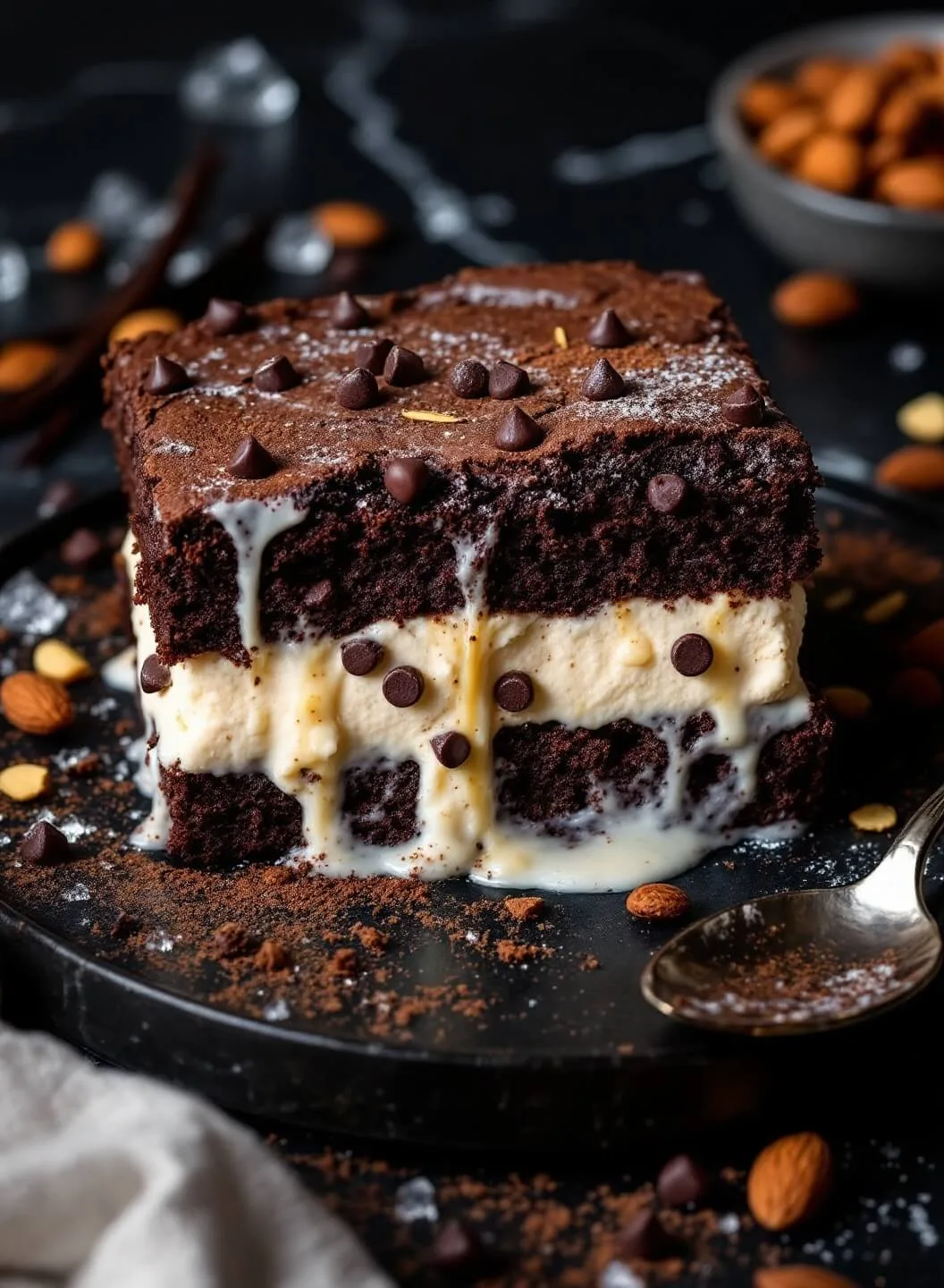 "overhead shot of keto ice cream sandwich with fudgy chocolate brownie layers, thick vanilla ice cream center, garnished with cocoa powder and sugar-free chocolate chips on a dark marble surface"