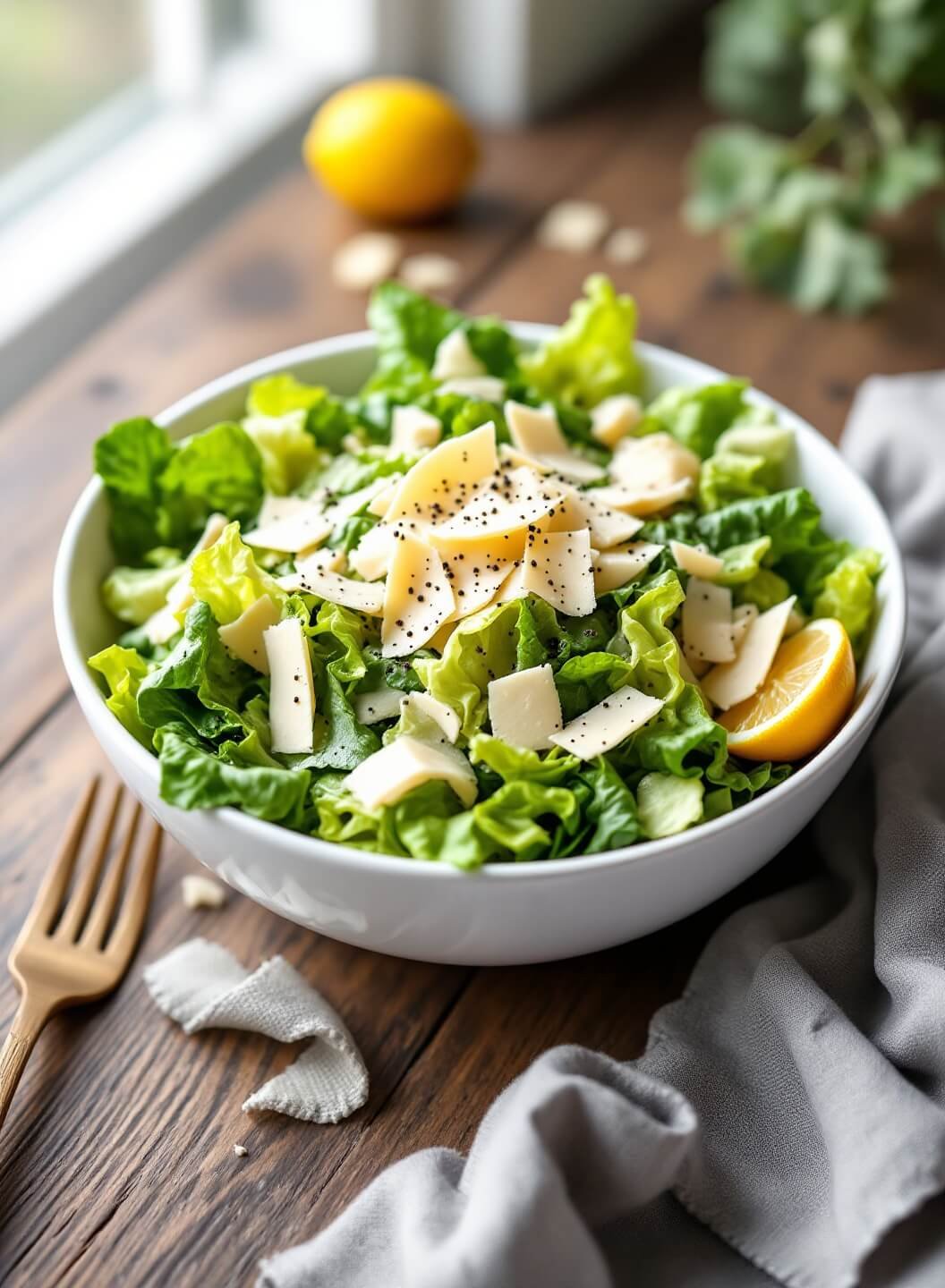 "keto caesar salad with fresh romaine and parmesan in a white bowl on a rustic wooden table"