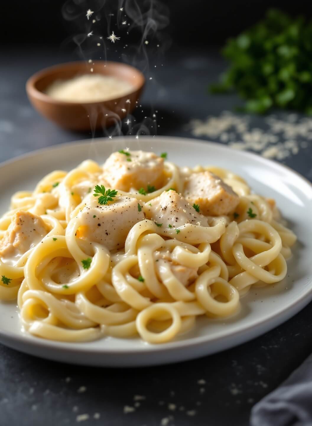 Creamy Keto Chicken Alfredo With Cauliflower Noodles 2 "steaming keto chicken alfredo with cauliflower noodles, garnished with fresh parsley, served on a white ceramic plate"