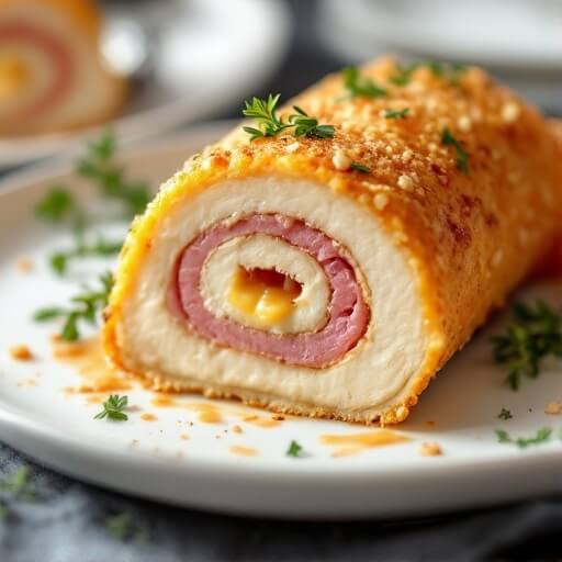 Keto Chicken Cordon Bleu 2 "sliced keto chicken cordon bleu on white plate with fresh thyme, featuring golden-brown almond flour coating, ham, and melted swiss cheese interior, under soft natural lighting. "