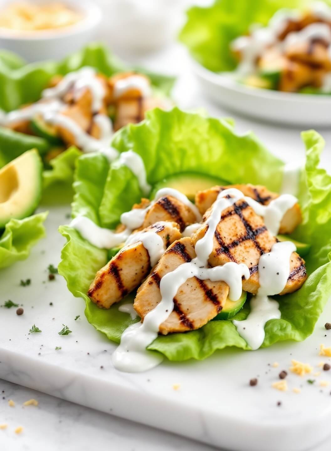 Keto Grilled Chicken Wraps (Quick &Amp; Easy Low-Carb Meal) 2 "keto chicken lettuce wraps with grilled chicken, ranch dressing, avocado slices, garnished with cheddar cheese and black pepper on a white marble surface"