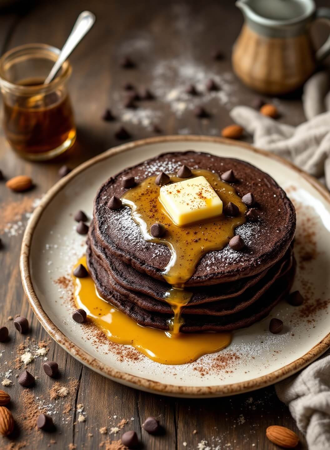 "overhead view of keto chocolate pancakes with melting butter and scattered chocolate chips on a rustic wooden table, with almond flour and cocoa powder in the background. "