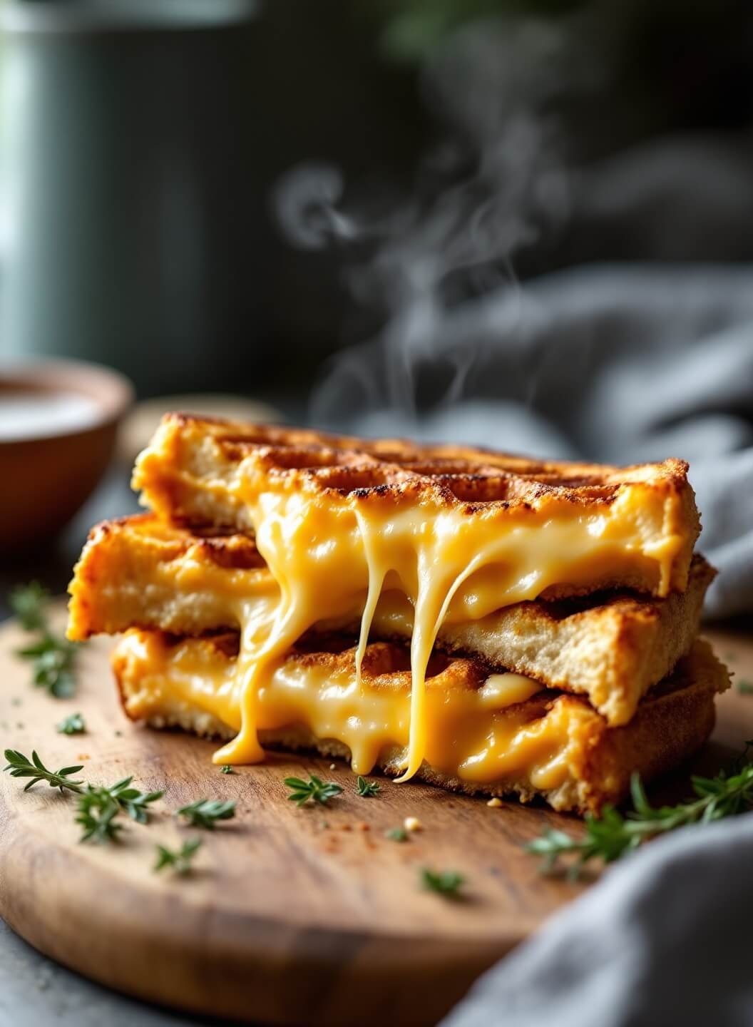 "keto grilled cheese sandwich with melted cheddar on a wooden cutting board, with dramatic lighting and fresh thyme"
