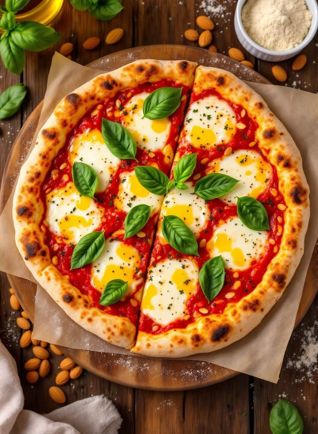 "fresh keto margherita pizza with almond flour crust on rustic wooden board"