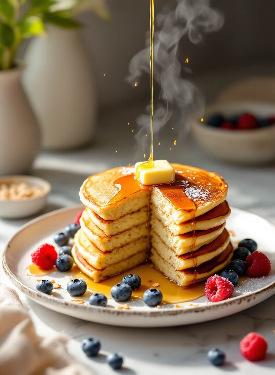 "stack of keto pancakes made from almond and coconut flour, with melting butter and sugar-free syrup, surrounded by fresh berries, on a white ceramic plate in morning sunlight"
