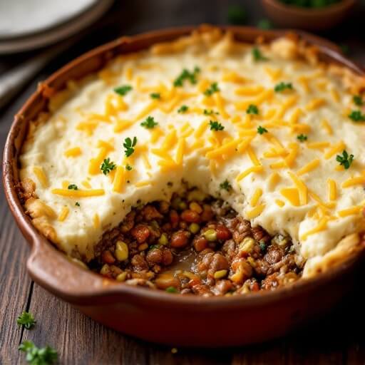 "keto shepherd's pie in a rustic ceramic baking dish showing layers of browned meat and vegetables, white cauliflower mash with melted cheese, garnished with fresh parsley on a wooden table. "