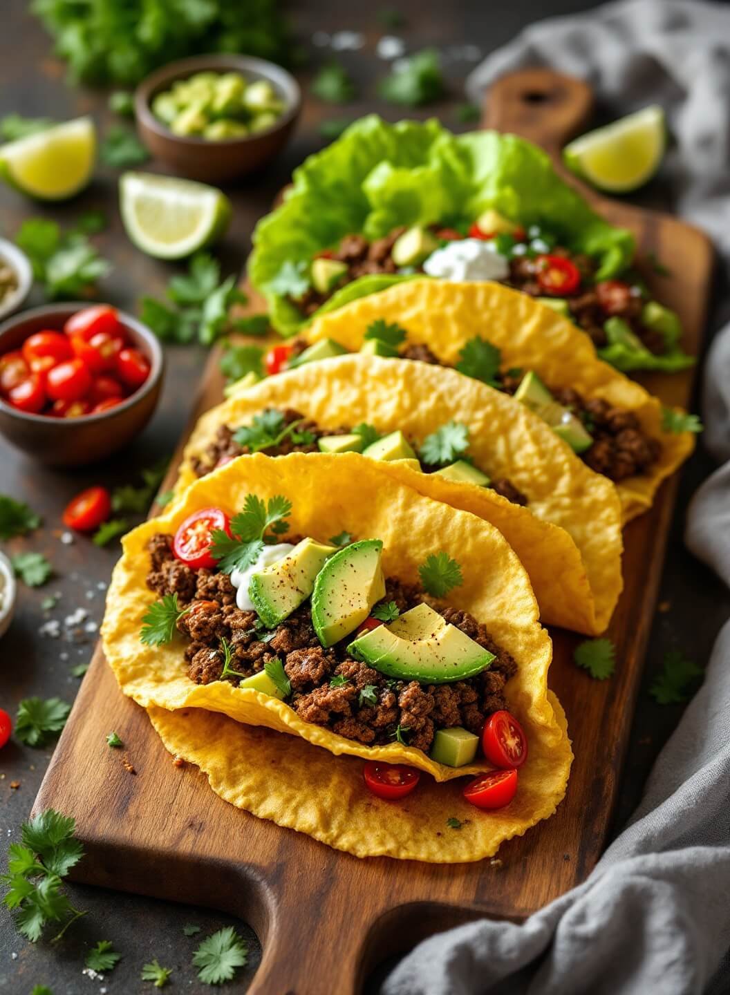 Authentic Keto Beef Tacos With Cheese Shells Or Lettuce Wraps 2 "keto tacos with beef, avocado, and sour cream in cheese shells and lettuce wraps on a rustic wooden board"