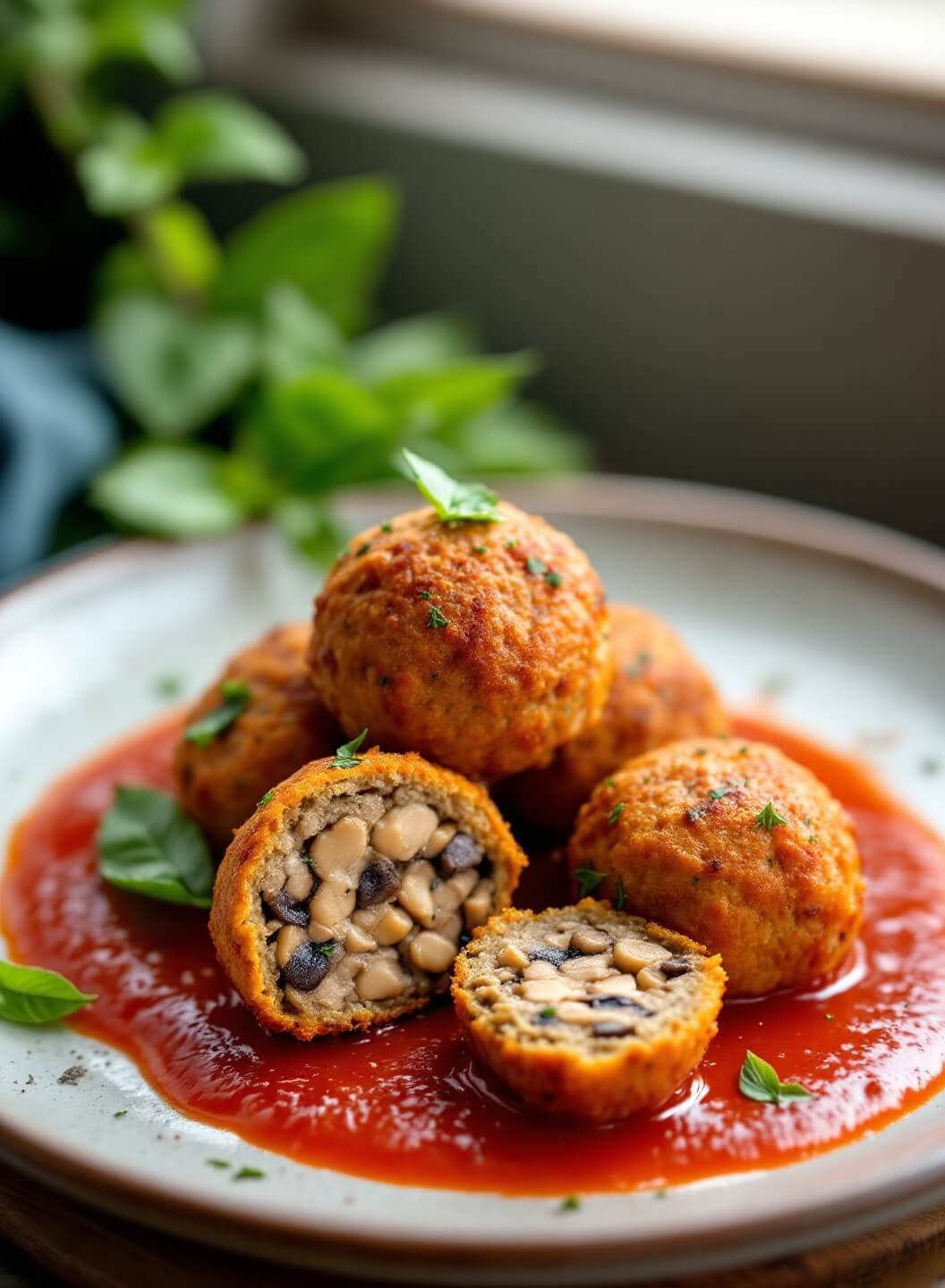 "golden-brown lentil meatballs with herbs on rustic plate, garnished with fresh basil and tomato sauce. "