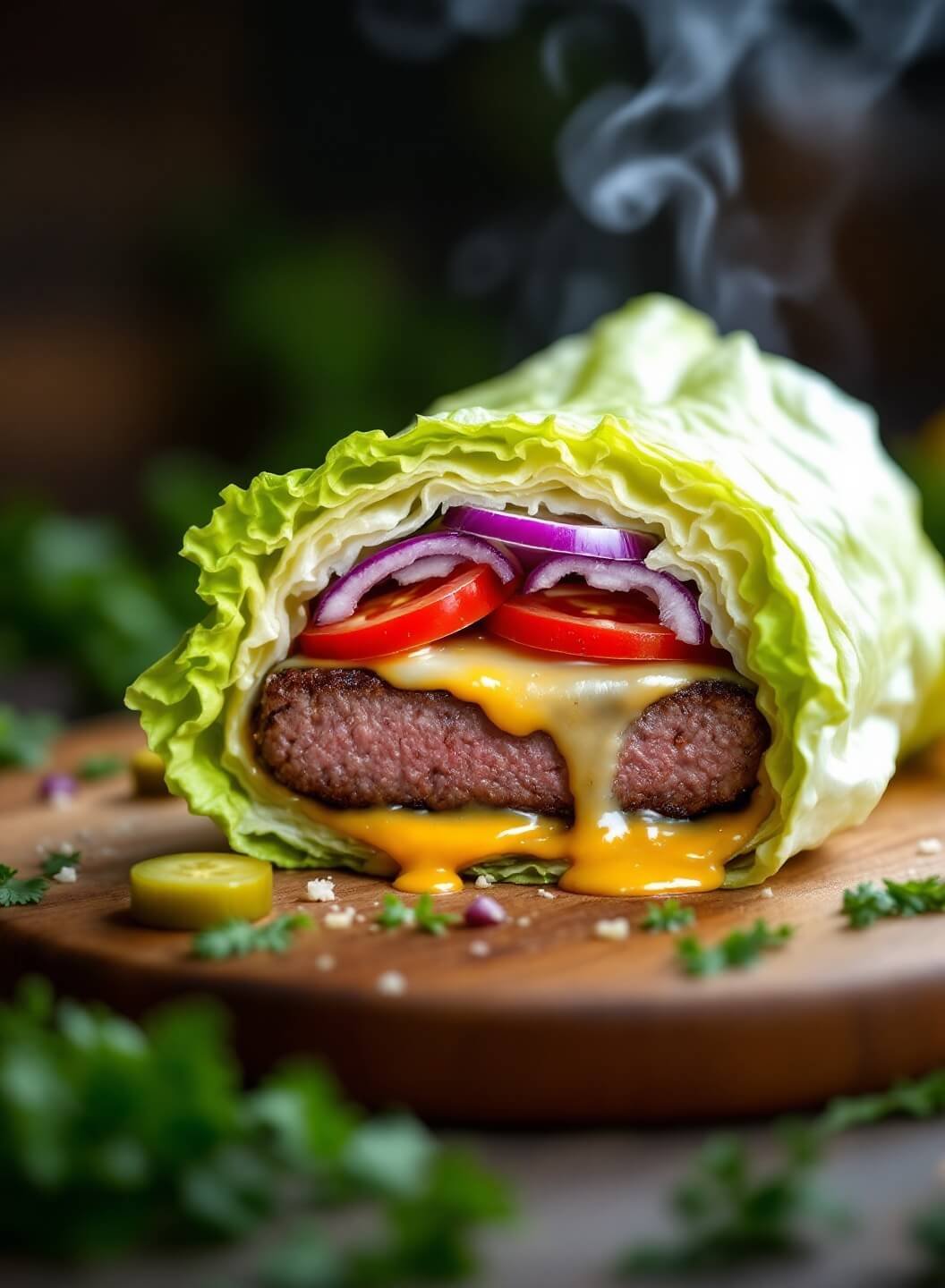 "juicy medium-cooked burger wrapped in crisp lettuce with fresh toppings on a rustic wooden board"