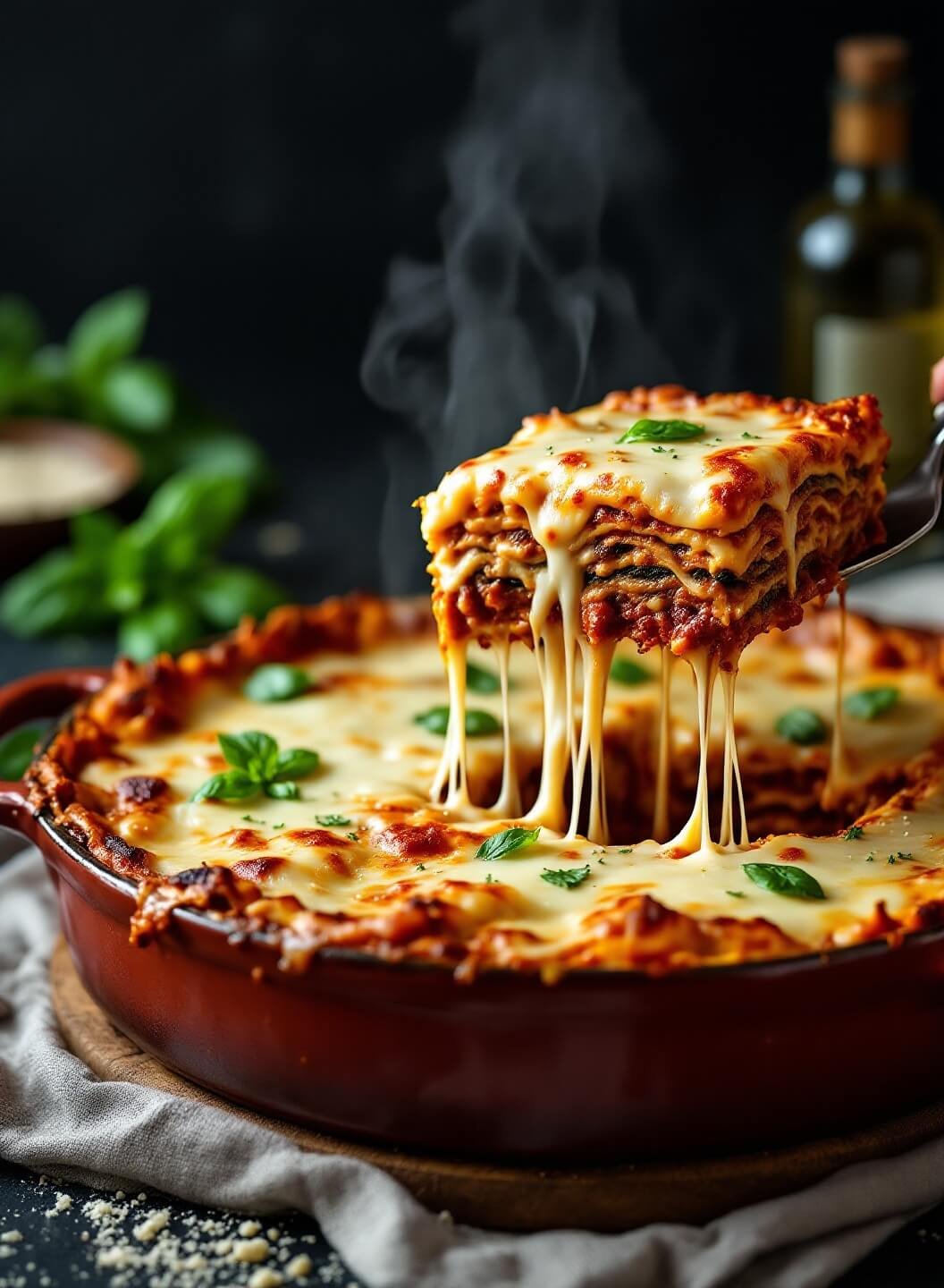 "overhead shot of low-carb lasagna in a rustic dish, with melted mozzarella, roasted eggplant layers, and meat sauce, garnished with fresh basil and served with italian-style props. "