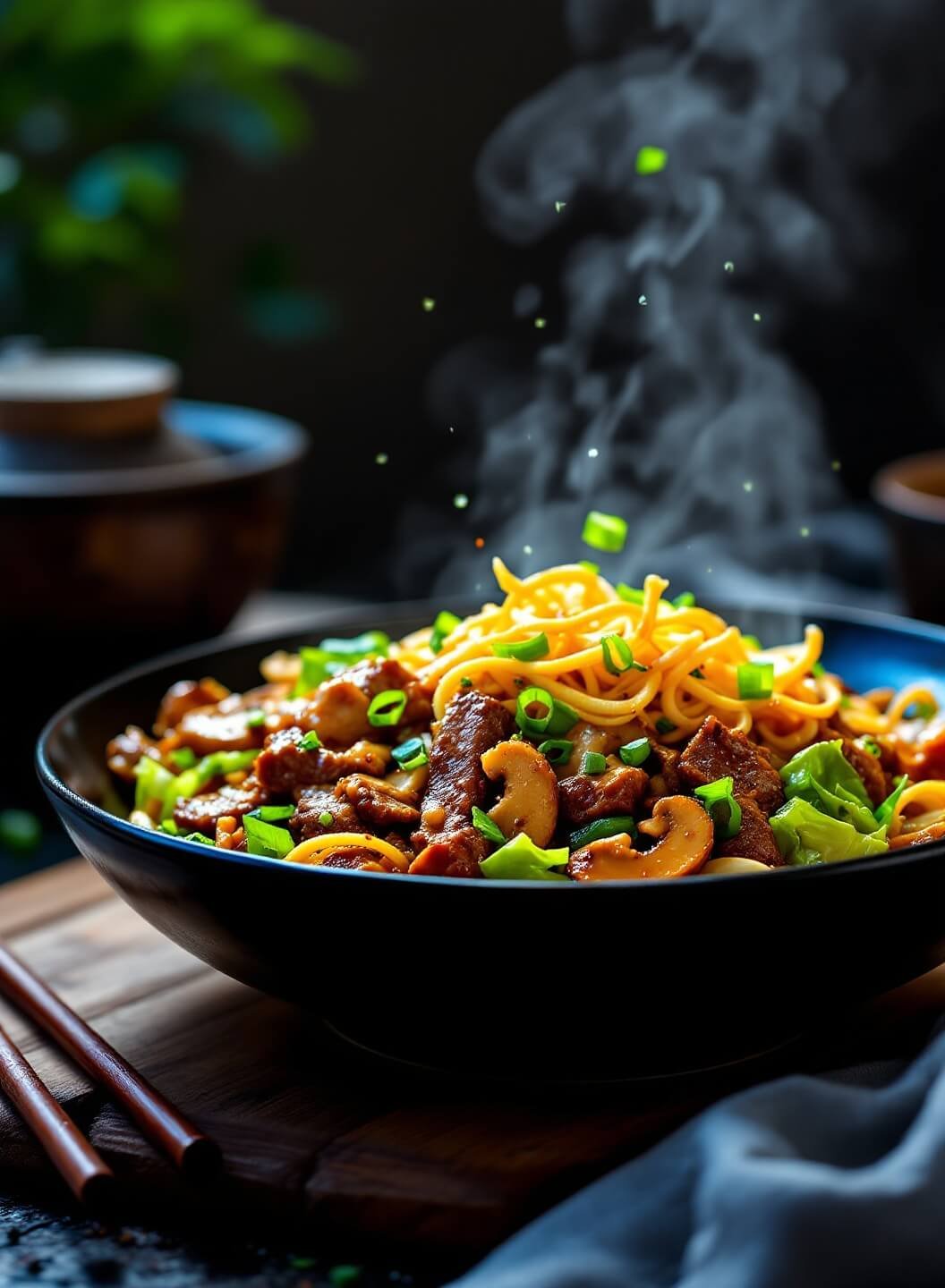 "moo shu beef stir fry with cabbage, mushrooms, and eggs on a dark ceramic platter, garnished with green onions, on a rustic wooden table with chopsticks on the side"