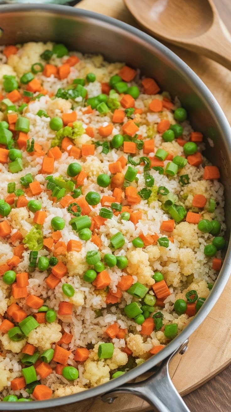 12 Delicious Low Carb Dinner Ideas 8 A skillet filled with colorful cauliflower fried rice, featuring carrots, peas, and green onions.