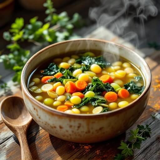"rustic ceramic bowl of steaming mung bean soup with carrots, celery, and kale on a weathered wooden table, garnished with fresh herbs and spices. "