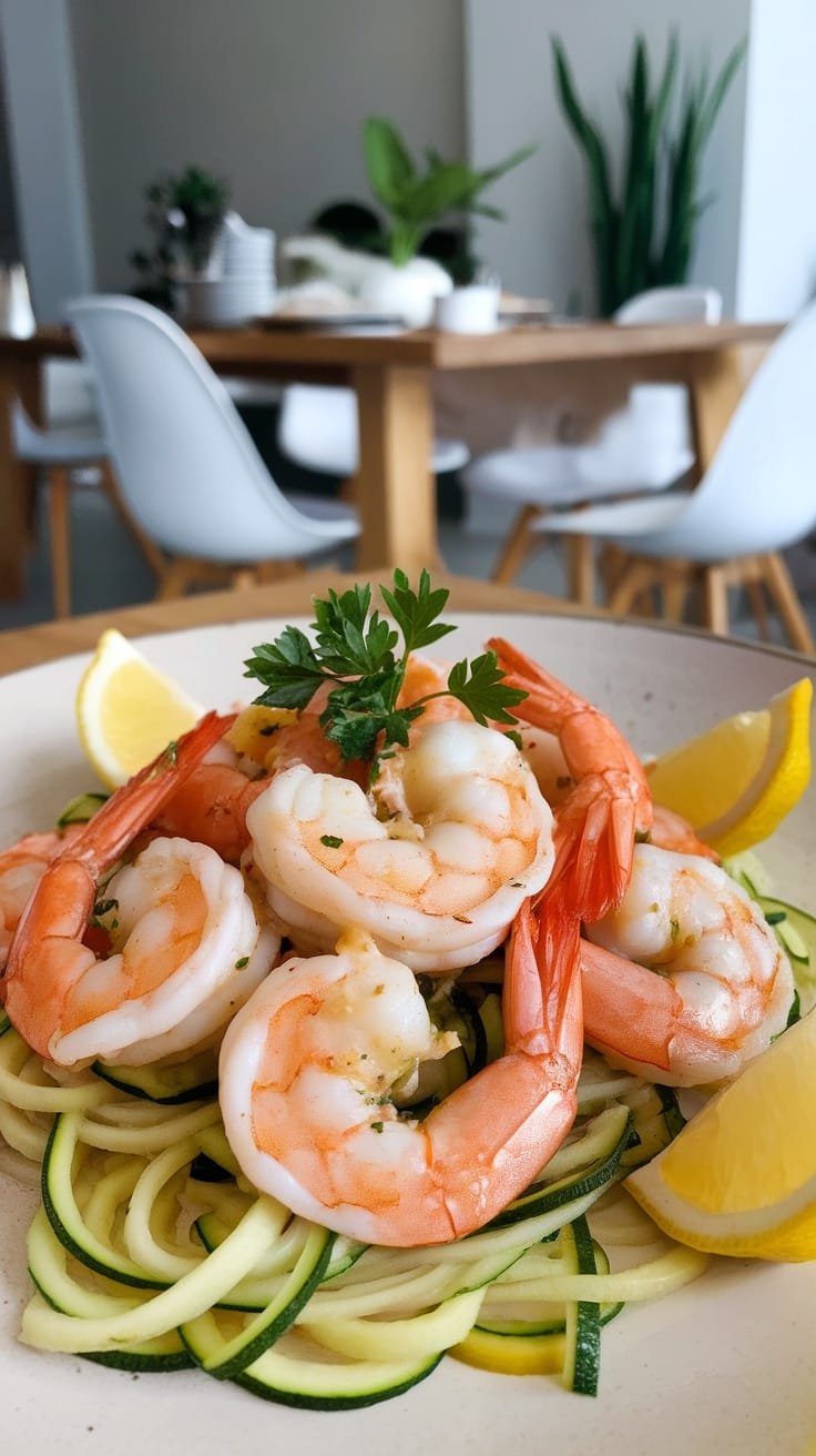 12 Delicious Low Carb Dinner Ideas 5 Plate of shrimp scampi with zucchini noodles garnished with lemon and parsley