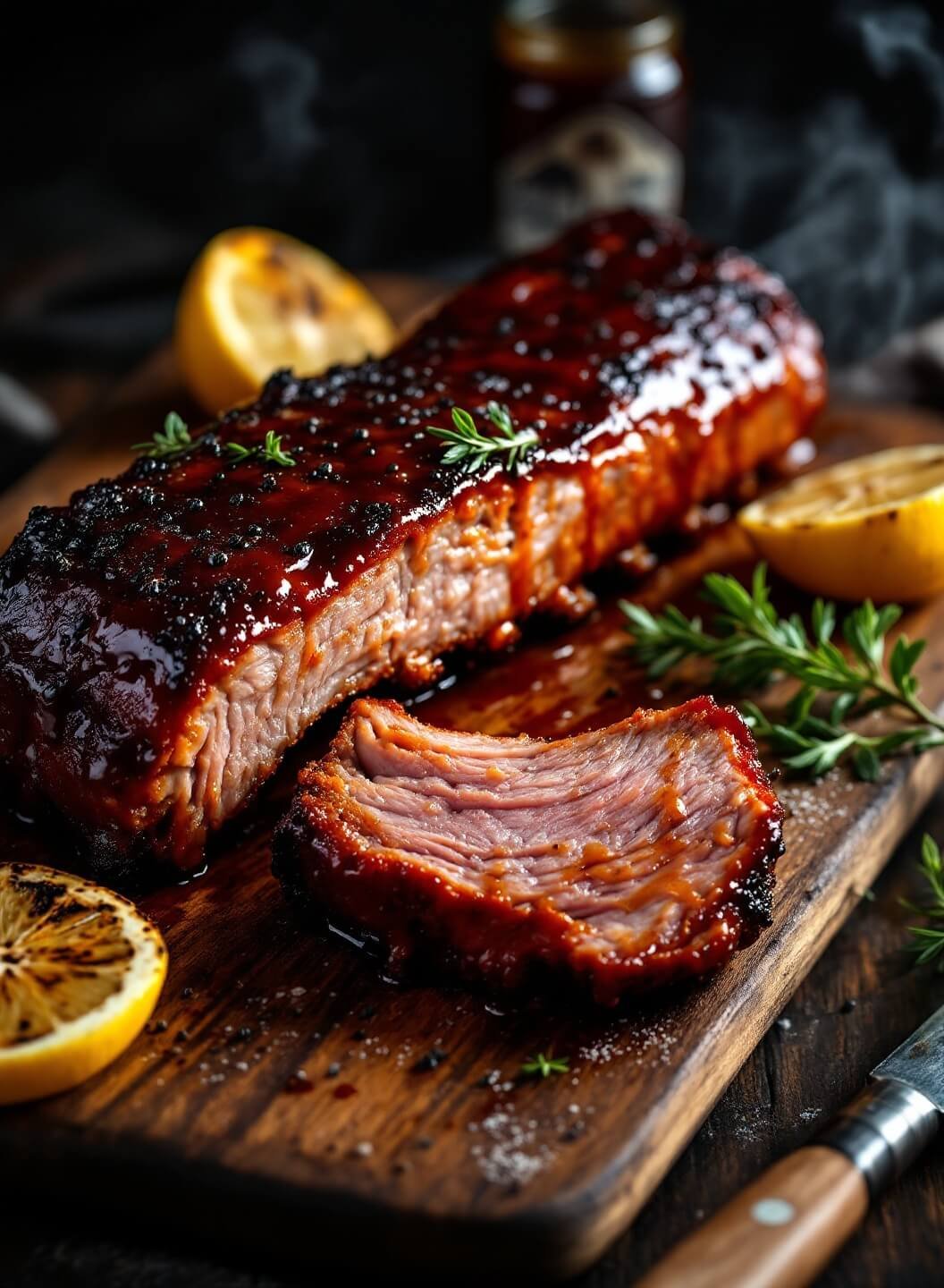 Sticky Bbq Ribs With Sugar-Free Bbq Sauce 2 "glistening bbq ribs with caramelized sugar-free sauce on rustic wooden board, garnished with fresh thyme and charred lemon halves. "