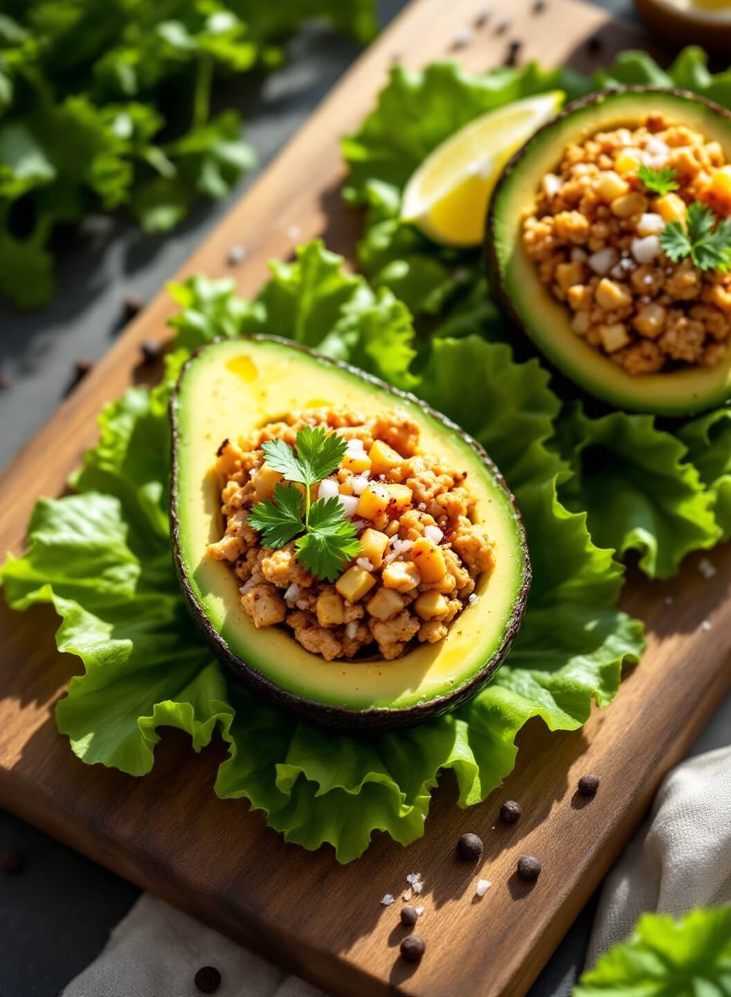 Stuffed Avocado Bowls With Turkey And Lettuce (30-Minute Low-Carb Meal) 2 "overhead shot of halved avocados filled with seasoned ground turkey on a bed of lettuce, garnished with cilantro and lime, on a rustic wooden board"