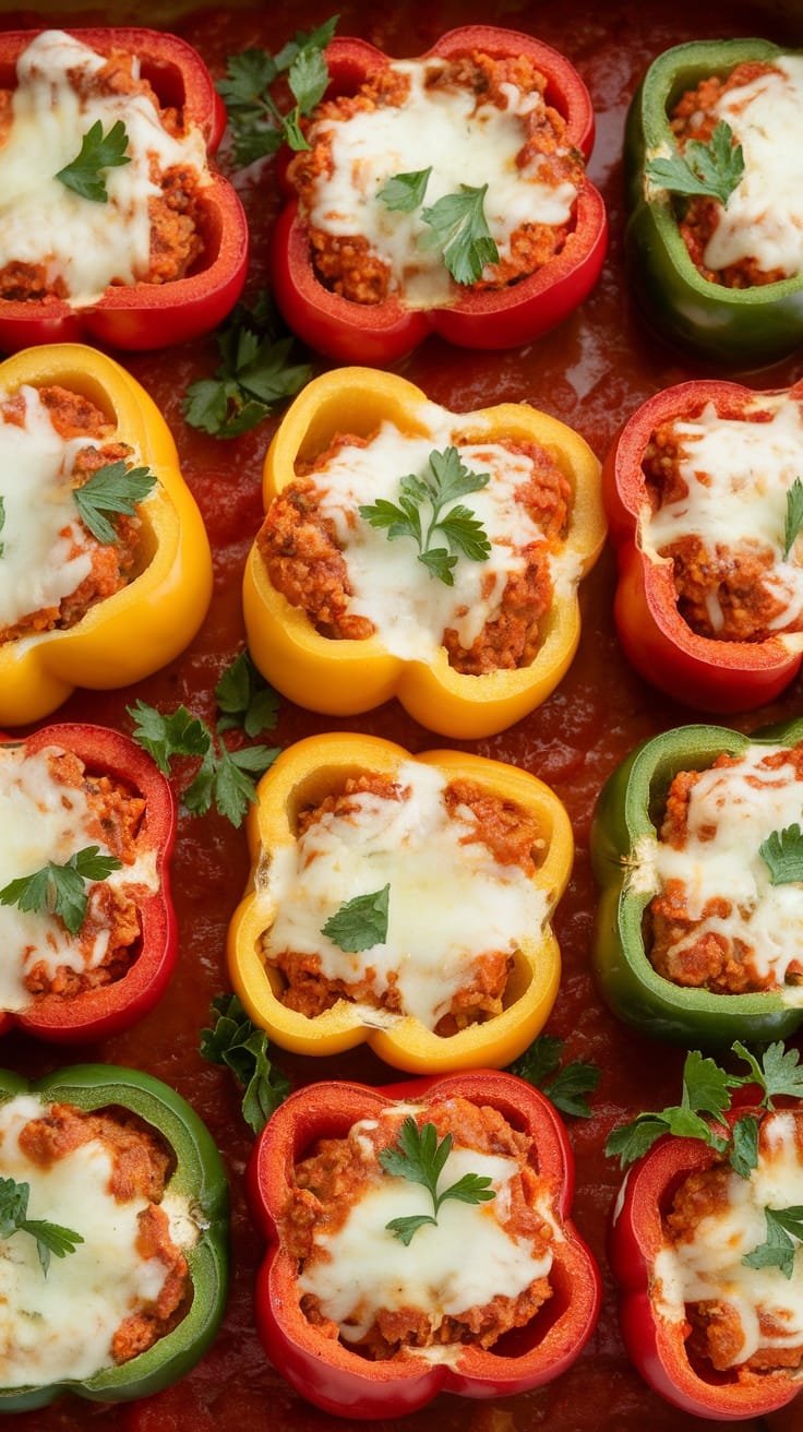12 Delicious Low Carb Dinner Ideas 14 A close-up of stuffed bell peppers filled with meat and topped with cheese.