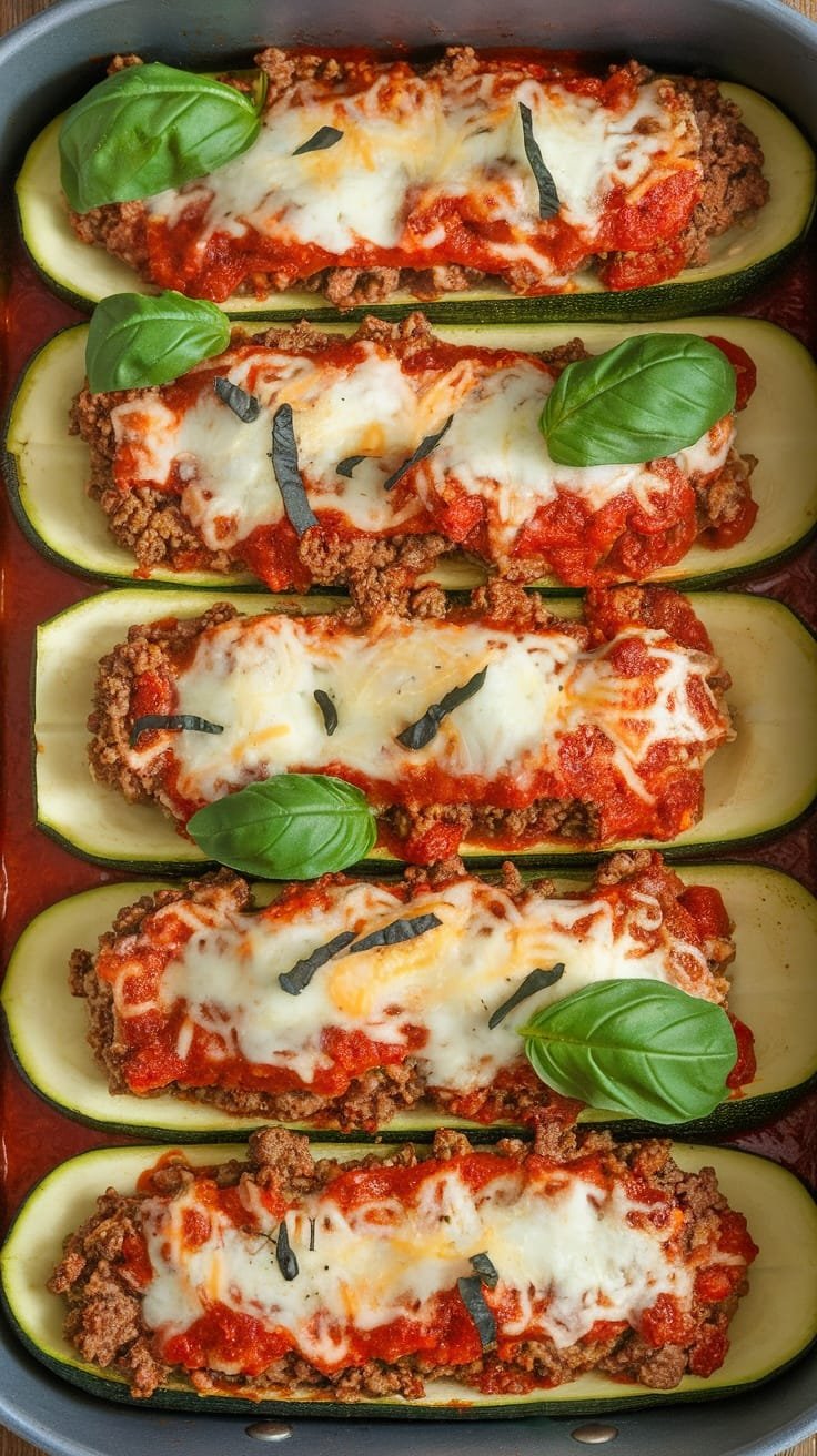 12 Delicious Low Carb Dinner Ideas 9 Stuffed zucchini boats with meat and cheese topped with basil