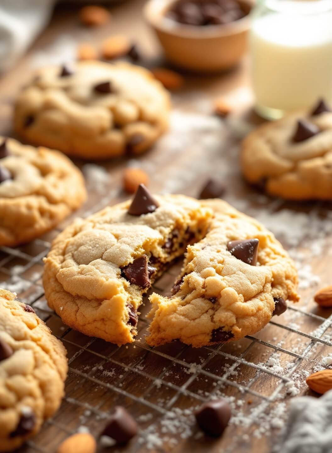 "freshly baked sugar-free chocolate chip cookies on a wire rack with almond flour and coconut oil in the background"