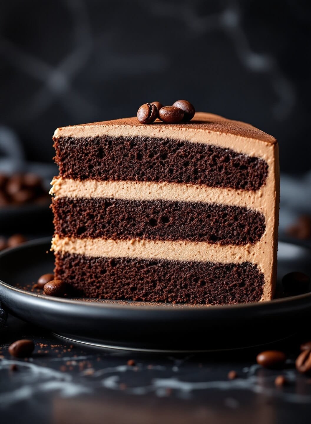 "triple-layer keto chocolate cake with espresso mousse, garnished with cocoa and coffee beans on a black plate"