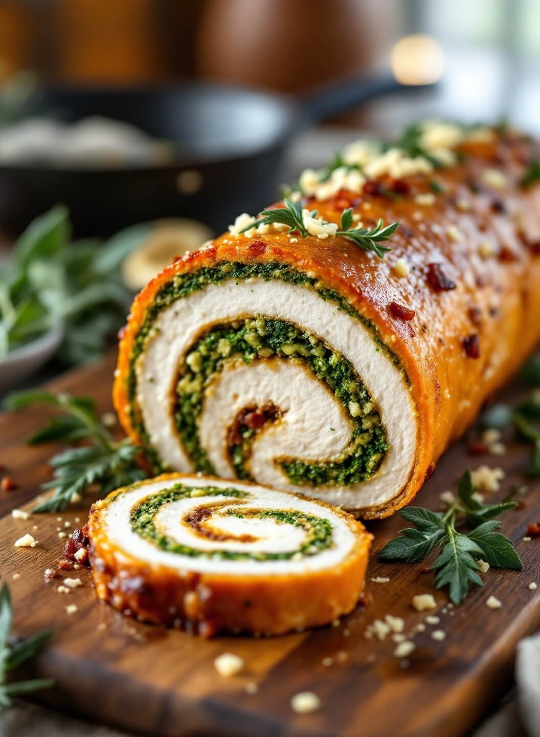 "sliced turkey roulade with herb, kale, bacon, and parmesan stuffing on a rustic wooden board, garnished with fresh herbs"