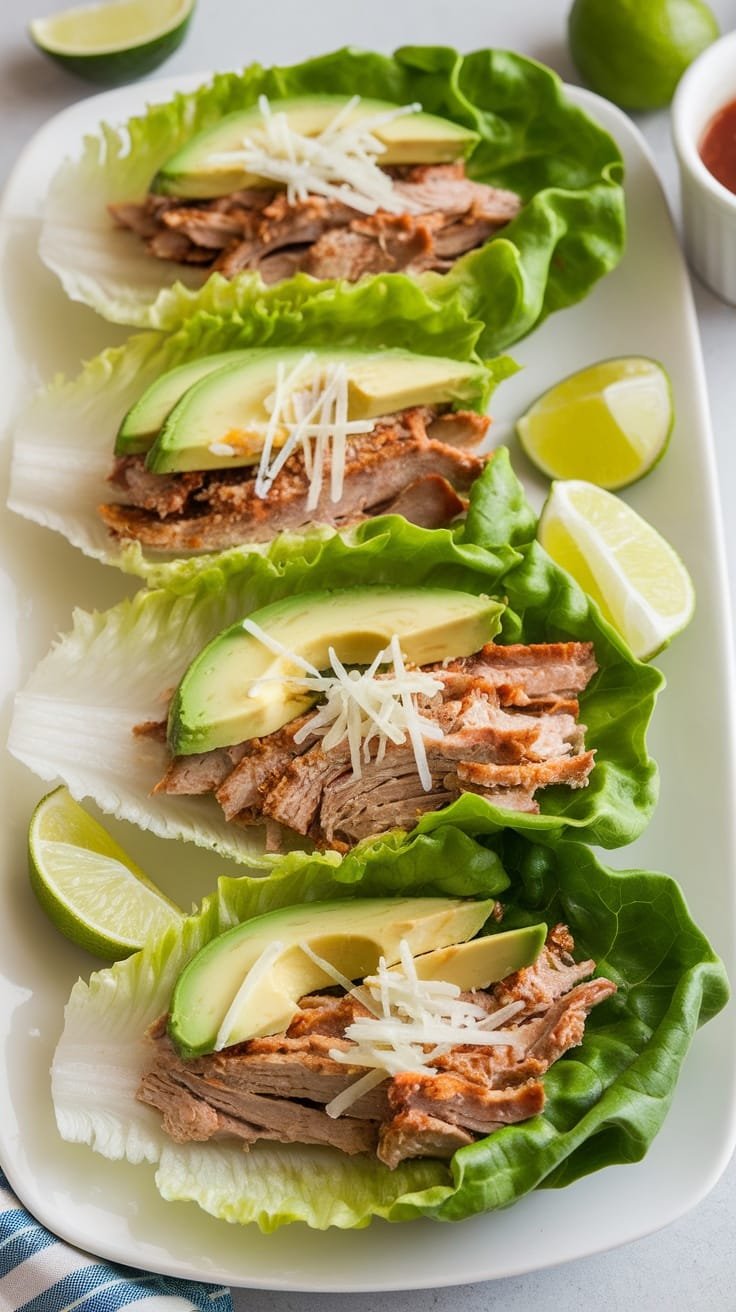 12 Delicious Low Carb Dinner Ideas 3 Turkey and avocado lettuce wraps served on a plate with lime wedges