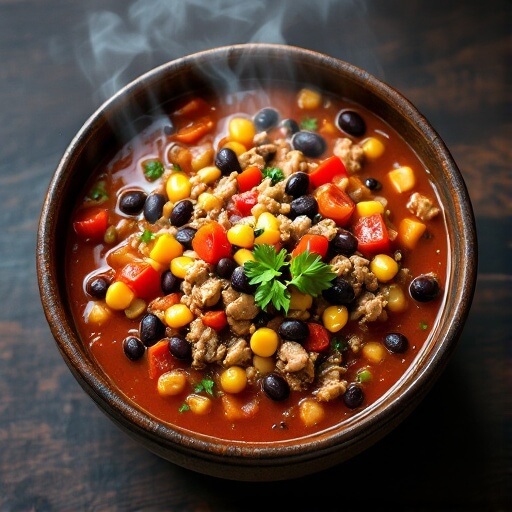 "steaming bowl of weight watchers taco soup with ground turkey, beans, corn, tomatoes and bell peppers on a dark wooden surface under natural lighting"