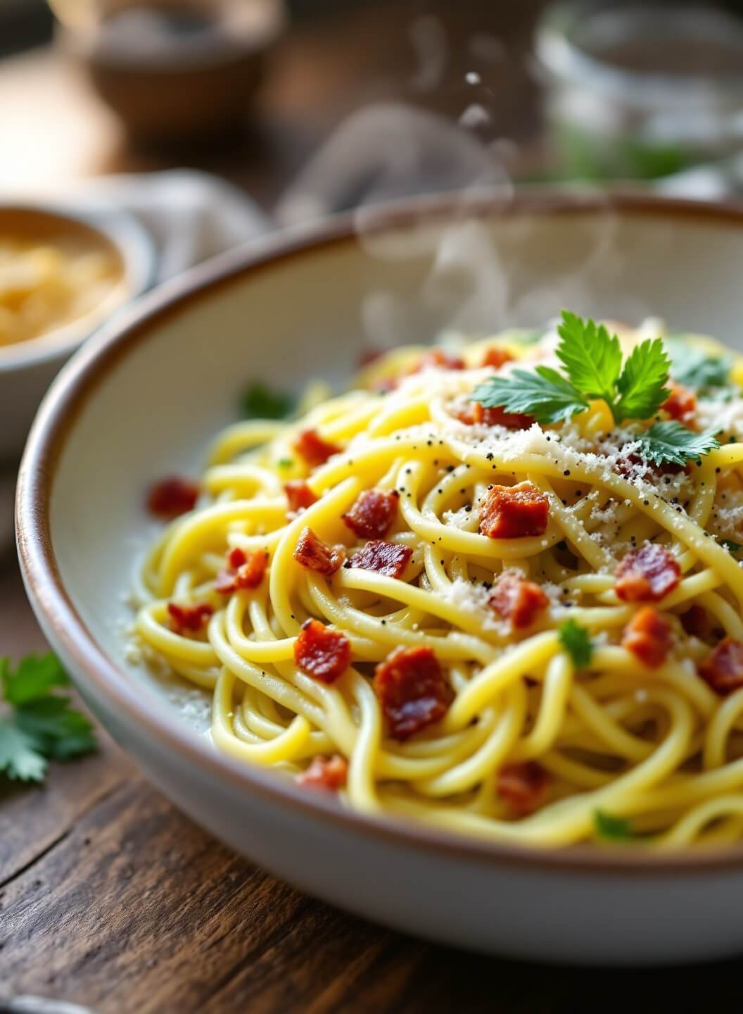 Low-Carb Zucchini Noodle Carbonara 2 "close-up of zucchini noodle carbonara with bacon and parmesan cheese in white bowl on rustic wooden table"