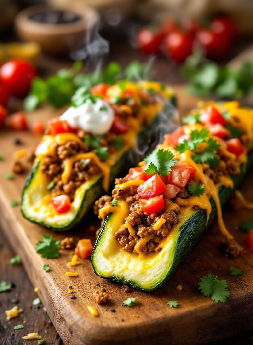 Zucchini Taco Boats (Low-Carb, Gluten-Free) 2 "close-up of zucchini taco boats filled with ground beef and melted cheese, garnished with fresh tomatoes and cilantro on a rustic serving board"