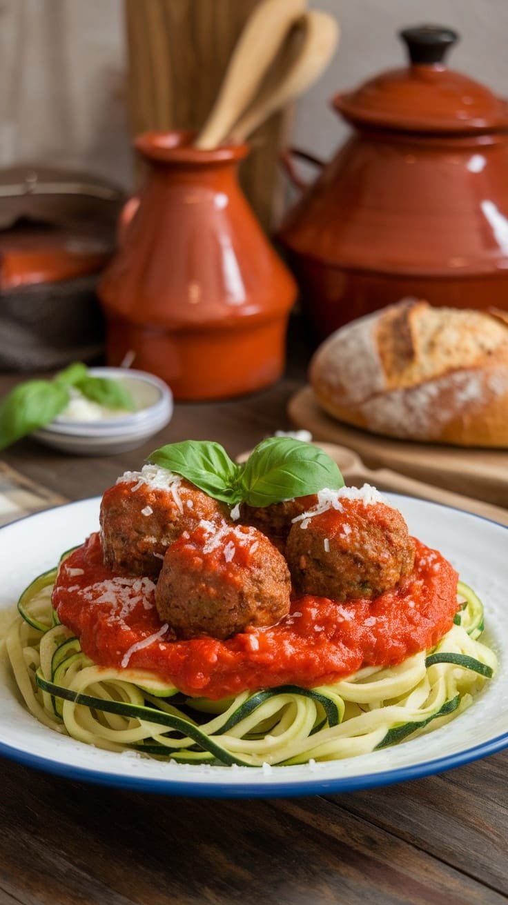 12 Delicious Low Carb Dinner Ideas 4 A plate of zucchini noodles topped with meatballs and tomato sauce, garnished with basil.