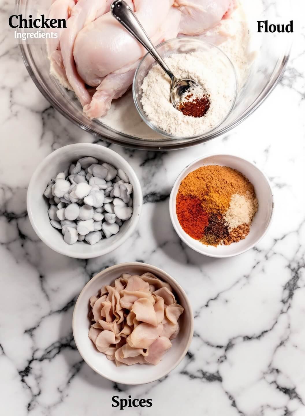 Crispy Oven-Baked Keto Fried Chicken 3 Raw chicken, almond flour, pork rinds, and spices in separate bowls on a marble countertop in preparation for cooking