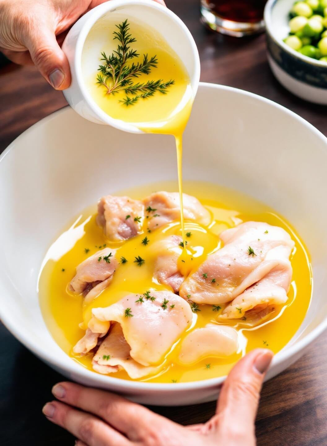 Crispy Oven-Baked Keto Fried Chicken 4 Hands dipping chicken into egg wash with golden liquid dripping into a ceramic bowl during a coating process