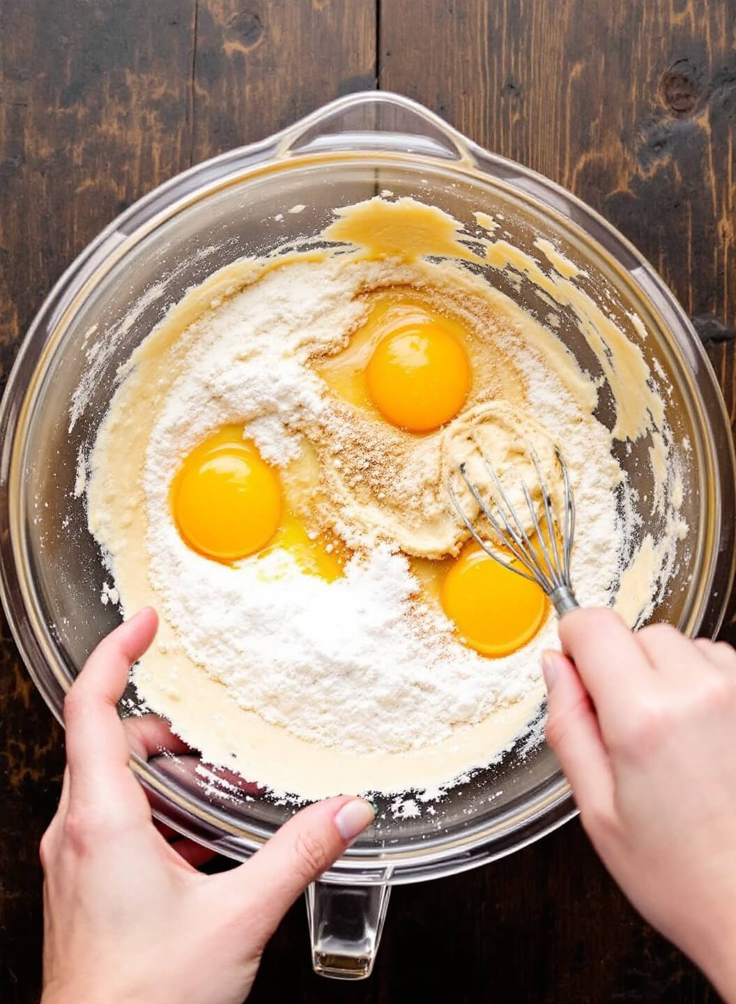 Keto Fish And Chips (Crispy Almond-Crusted Fish With Turnip Fries) 4 Golden batter with almond flour and eggs being whisked in a mixing bowl, with sparkling water added to form a thick coating