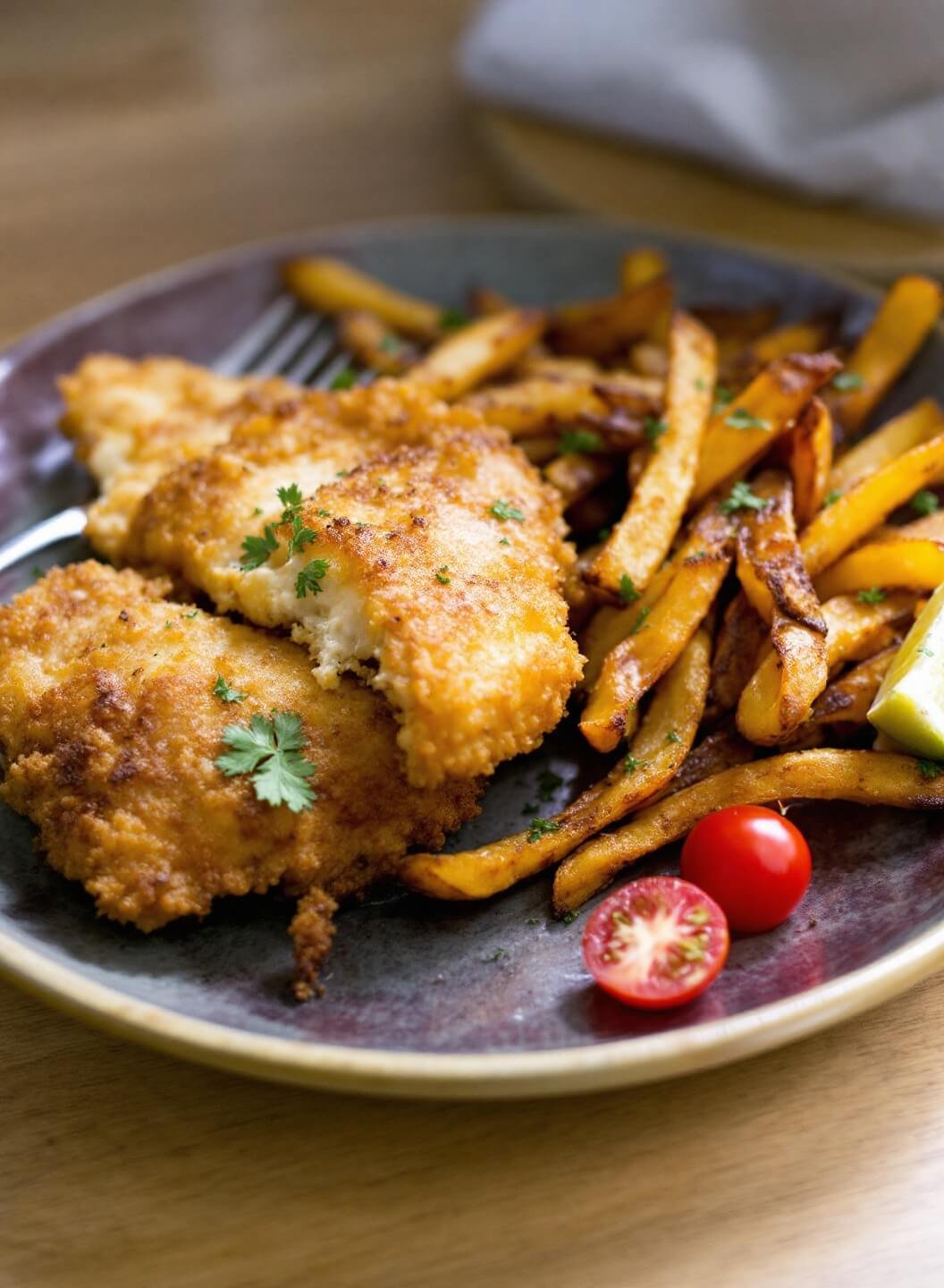 Keto Fish And Chips (Crispy Almond-Crusted Fish With Turnip Fries) 7 Crispy golden fish and turnip fries garnished with parsley on a rustic plate
